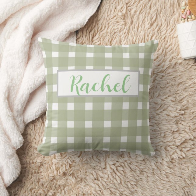Sage Green White Gingham Personalisiert Kissen (Decke)