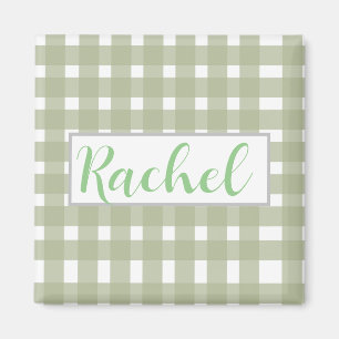 Sage Green White Gingham Personalisiert Magnet