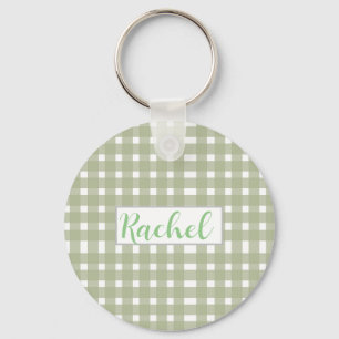 Sage Green White Gingham Personalisiert Schlüsselanhänger