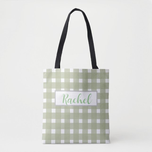 Sage Green White Gingham Personalisiert Tasche (Vorderseite)