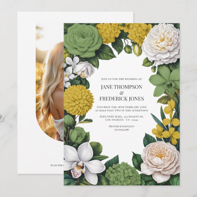 Sage Green, White & Gold Floral Wedding Einladung (Vorne/Hinten)