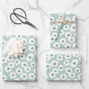 Sage Green White Grey Floral Boho Trendy Geschenkpapier Set