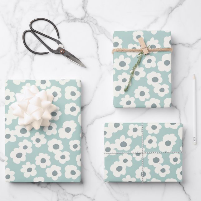 Sage Green White Grey Floral Boho Trendy Geschenkpapier Set (Vorderseite)