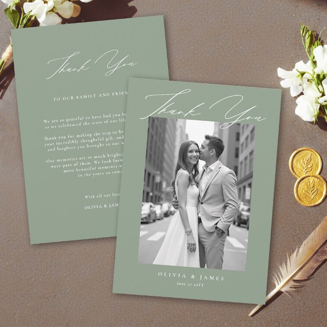 Sage Green White Modern Calligraphy Simple Wedding Dankeskarte (sage green wedding thank you photo card elegant modern calligraphy white simple contemporary)