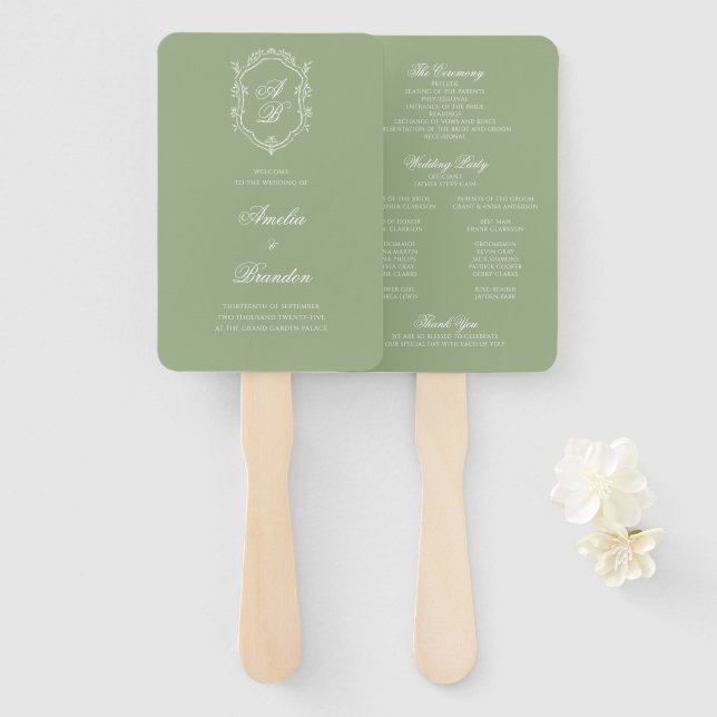 Sage Green & White Monogram Crest Wedding Program Fächer (Vorne und Hinten)