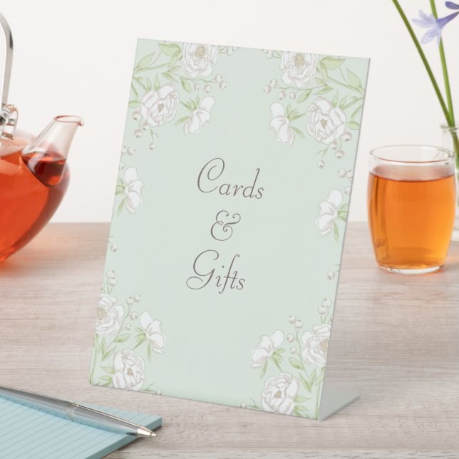 Sage Green White Rose Wedding Cards Gift Sign Sockelschild (In Situ)