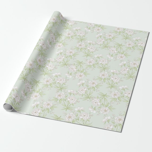 Sage Green White Rose Wedding Geschenkpapier (Ungerollt)