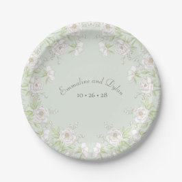 Sage Green White Rose Wedding Pappteller