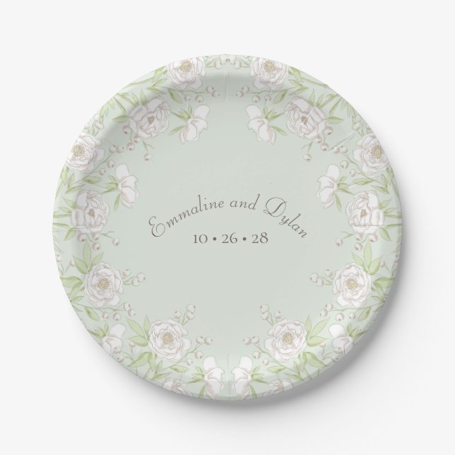 Sage Green White Rose Wedding Pappteller (Vorderseite)