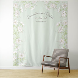 Sage Green White Rose Wedding Photo Backdrop Wandteppich