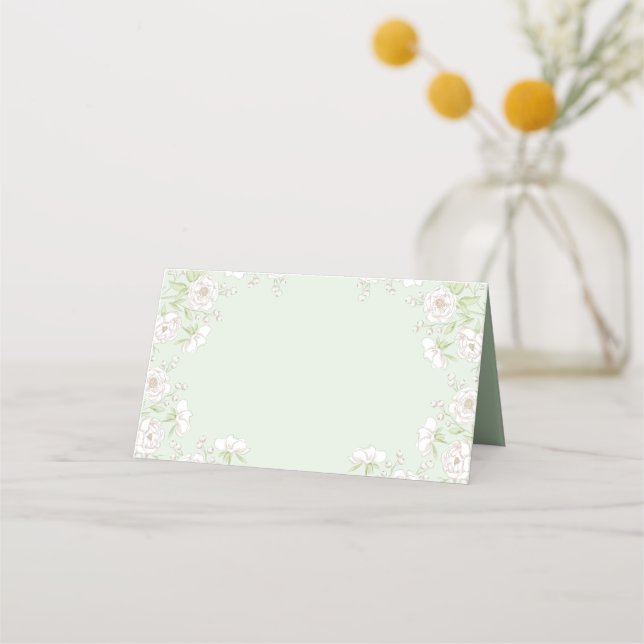 Sage Green White Rose Wedding Platzkarte (Vorderseite)
