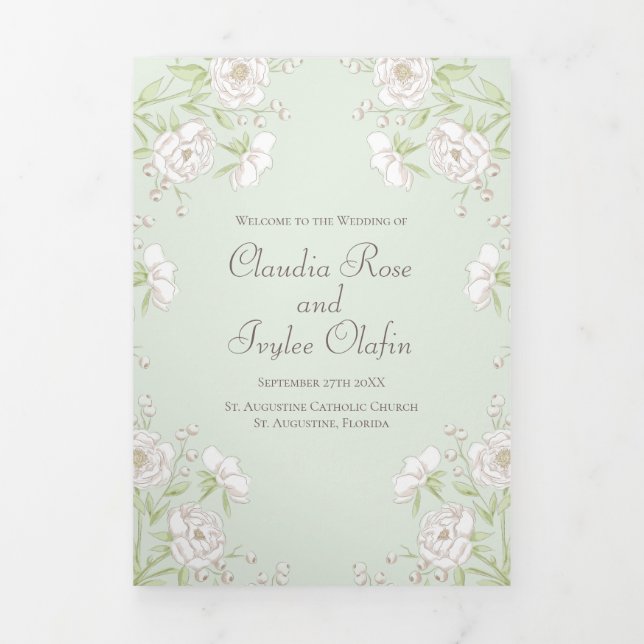 Sage Green White Rose Wedding Programs Dreifach-gefaltete Programmkarte (Cover)