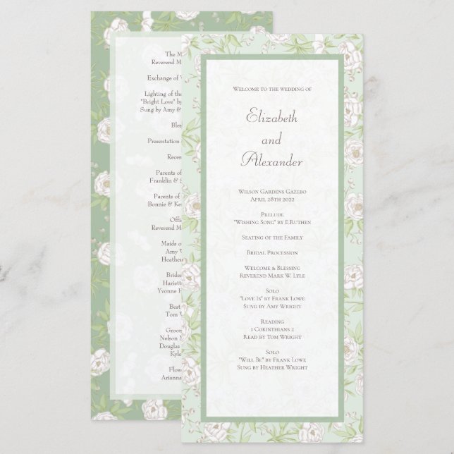 Sage Green White Rose Wedding Programs Menükarte (Vorne/Hinten)