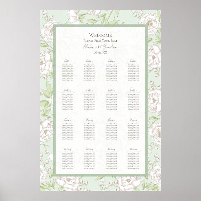 Sage Green White Rose Wedding Seating Chart Poster (Vorne)