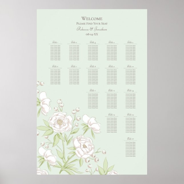 Sage Green White Rose Wedding Seating Chart Poster (Vorne)