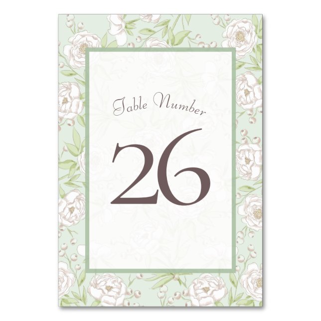 Sage Green White Rose Wedding Table Number Tischnummer (Vorderseite)