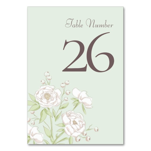 Sage Green White Rose Wedding Tischnummer (Vorderseite)