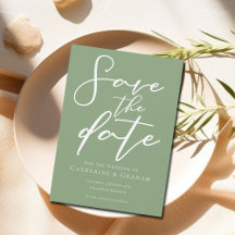 Sage Green White Script Save the Date Minimalistis