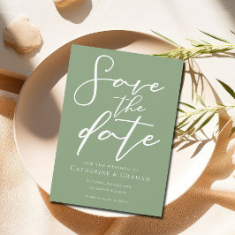 Sage Green White Script Save the Date Minimalistis