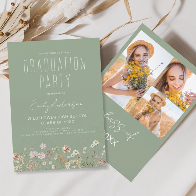 Sage Green Wildblume Bloom Graduation Party Foto Einladung (Von Creator hochgeladen)