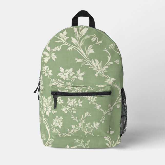 Sage Green Wildblume Boho Elegante Frühlingsflora Bedruckter Rucksack (Vorderseite)