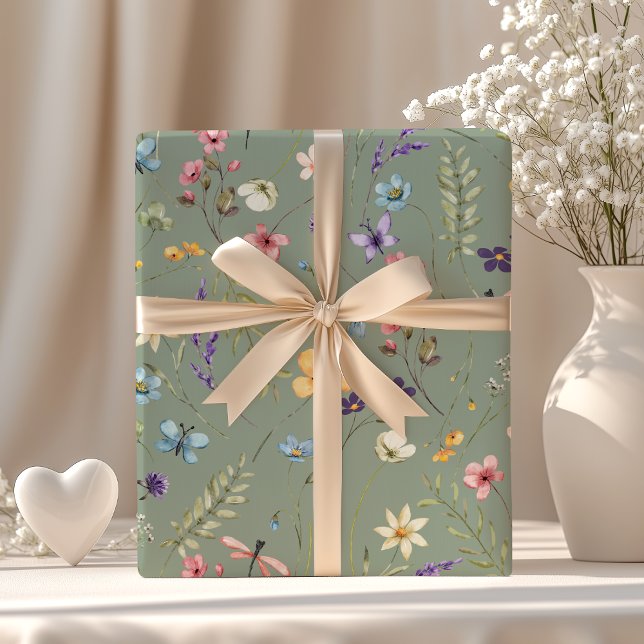 Sage Green Wildblume & Butterfly Boho Summer Geschenkpapier (Von Creator hochgeladen)