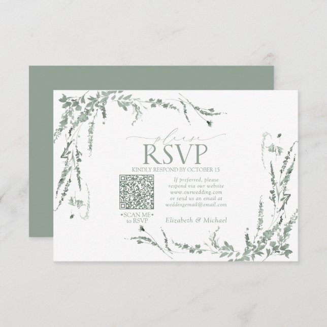 Sage Green Wildblume Calligraphy QR-Code UAWG RSVP Karte (Vorne/Hinten)