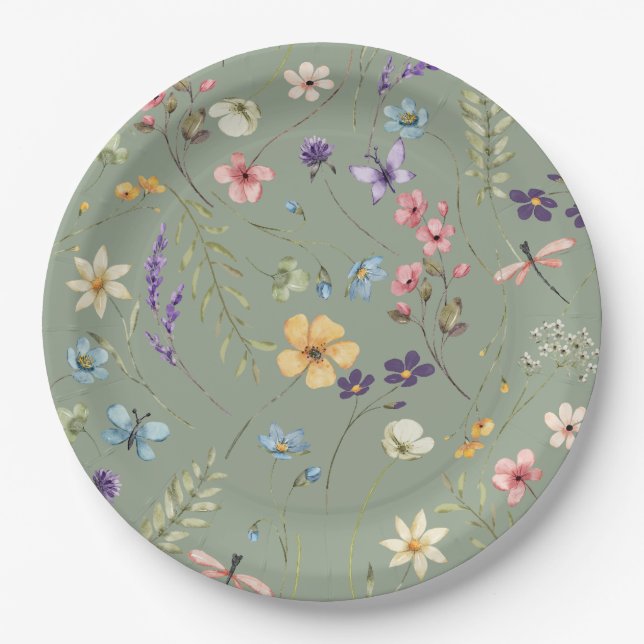 Sage Green Wildblume Elegantes Brautparty Pappteller (Vorderseite)