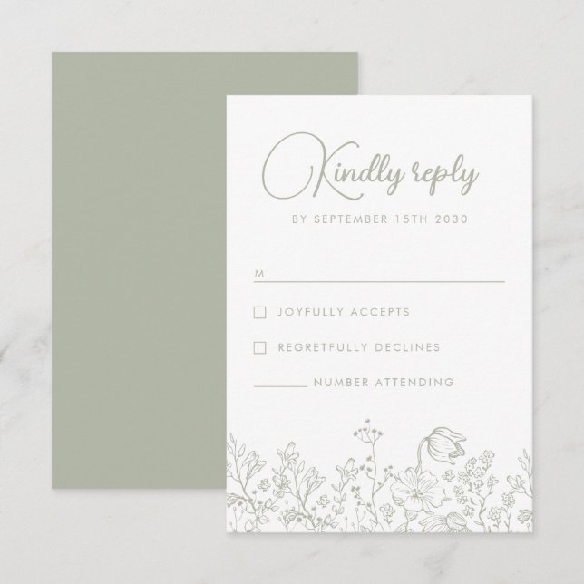 Sage Green Wildblume Floral Elegante Hochzeit RSVP Karte (Vorne/Hinten)
