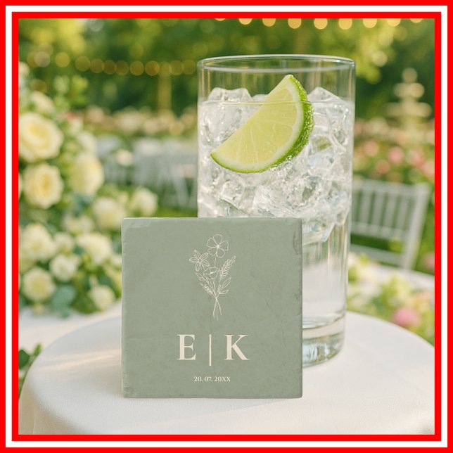 Sage Green Wildblume Monogram Wedding Steinuntersetzer (Von Creator hochgeladen)