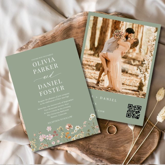Sage Green Wildblume QR Code Foto Boho Wedding Einladung (Von Creator hochgeladen)