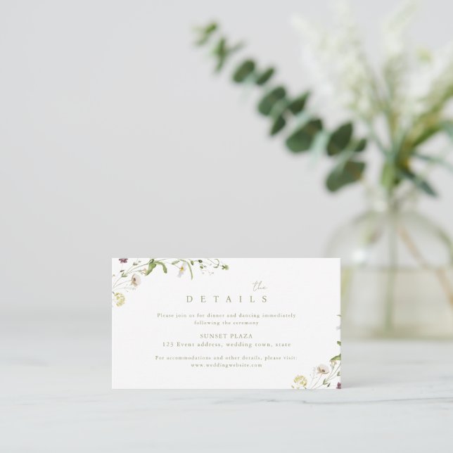 Sage Green Wildblume Rustic Boho Hochzeitdetails Platzkarte (Stehend Vorderseite)