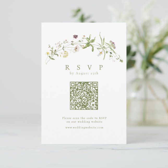 Sage Green Wildblume Rustic Boho QR Code Wedding RSVP Karte (Stehend Vorderseite)