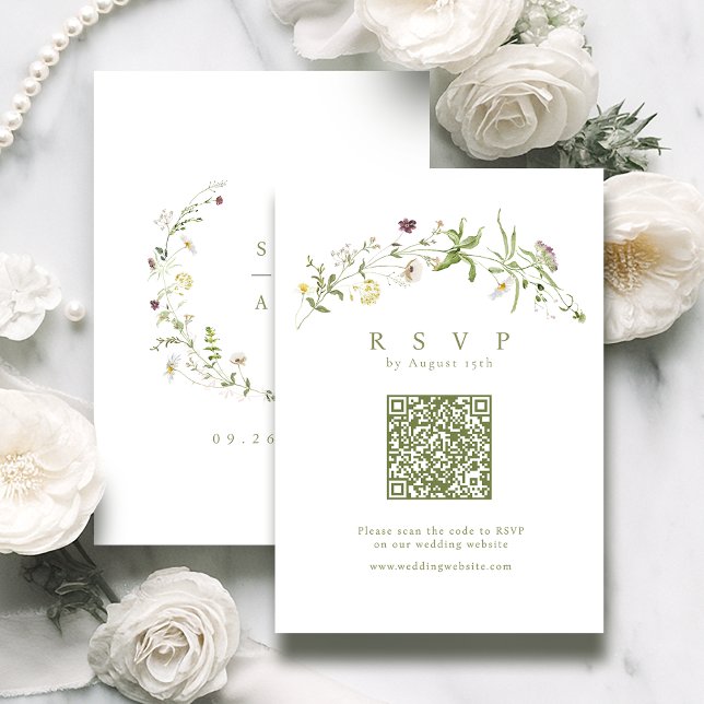 Sage Green Wildblume Rustic Boho QR Code Wedding RSVP Karte (Sage Green Wildflower Rustic Boho QR code Wedding RSVP Card)