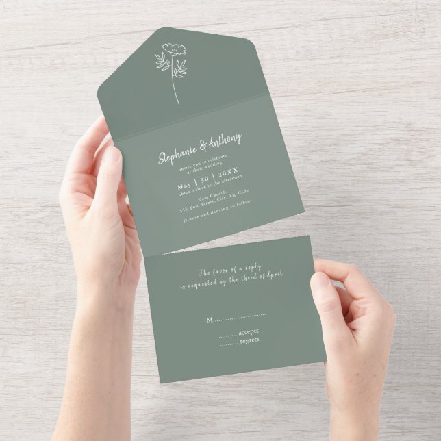Sage Green Wildblume Wedding All In One Einladung (Abreißen)