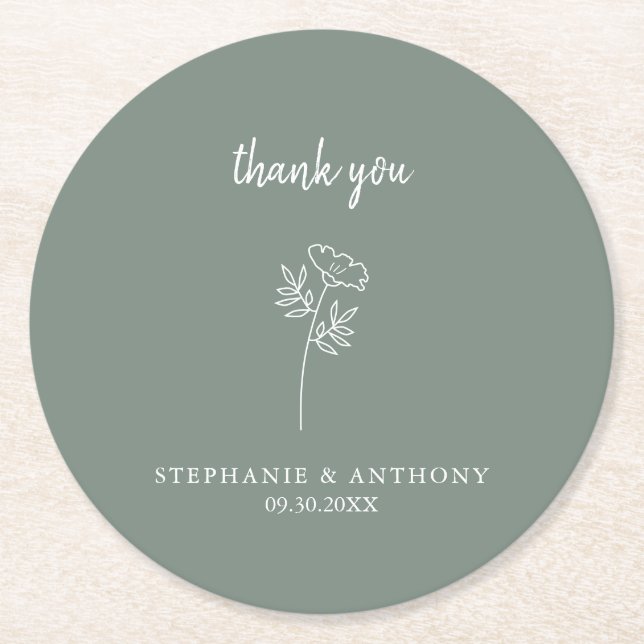 Sage Green Wildblume Wedding Danke Runder Pappuntersetzer (Vorderseite)