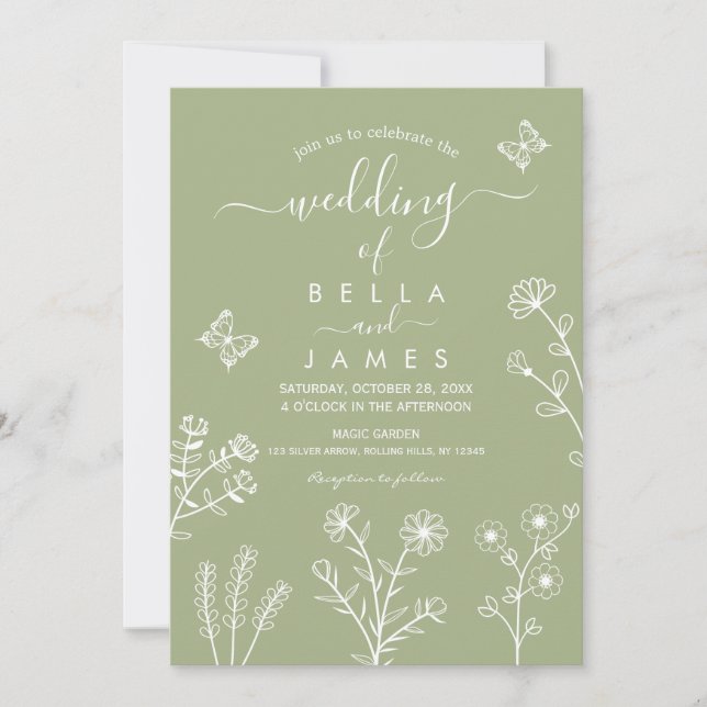 Sage Green Wildblume Wedding Einladung (Vorderseite)