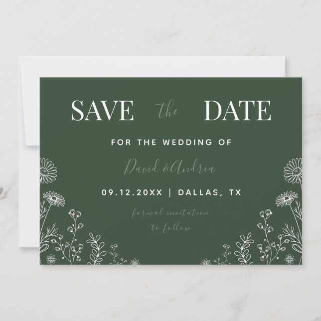 Sage Green | Wildblumen Gezeichnet Blätter fallen Save The Date (Vorderseite)