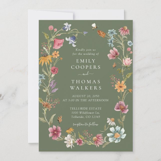Sage Green Wildblumen Hochzeitseinladung Einladung (Vorderseite)