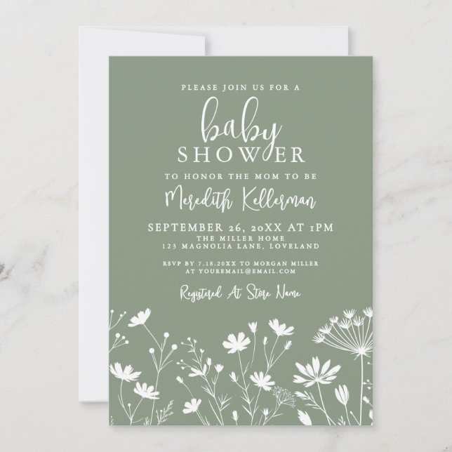 Sage Green Wildflower Baby Shower Einladung (Vorderseite)
