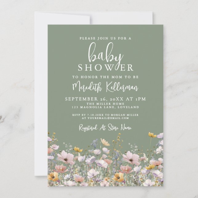 Sage Green Wildflower Baby Shower Einladung (Vorderseite)