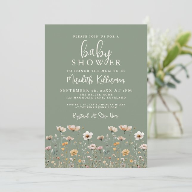 Sage Green Wildflower Baby Shower Einladung (Stehend Vorderseite)