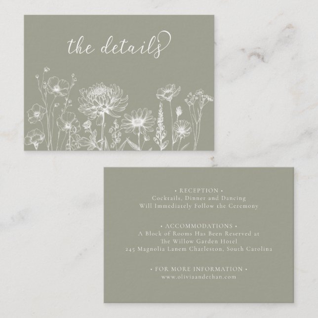 Sage Green Wildflower Details Card Wedding Insert (Vorne/Hinten)