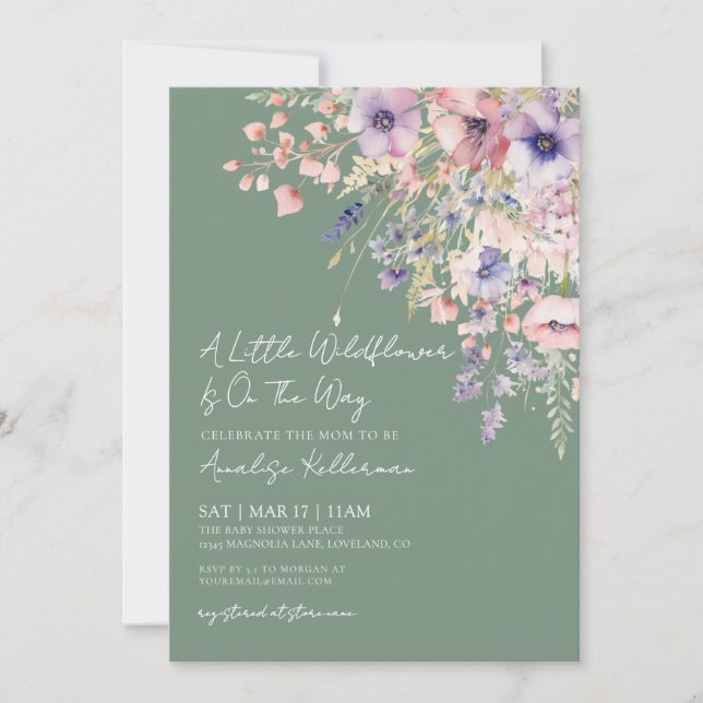 Sage Green Wildflower Floral Baby Shower Einladung (Vorderseite)