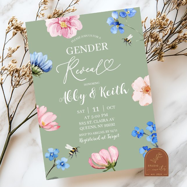 Sage Green Wildflower Gender Reveal Invitation Einladung (Von Creator hochgeladen)