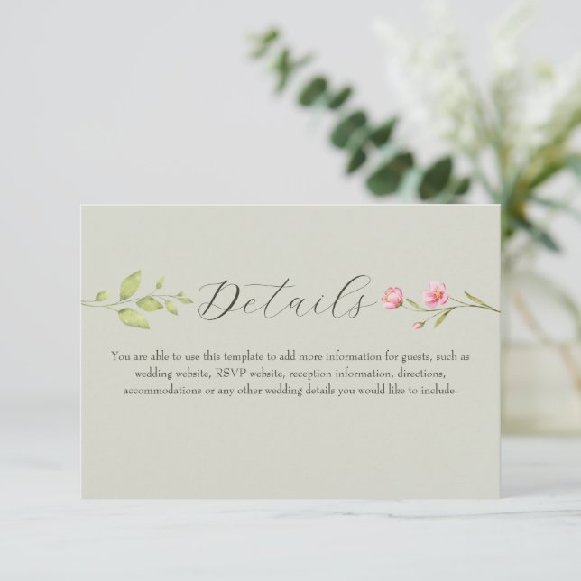 Sage Green Wildflower Wedding Details Begleitkarte (Stehend Vorderseite)