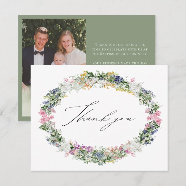 Sage Green Wildflower Wreath Baptism Photo Dankeskarte (Vorne/Hinten)