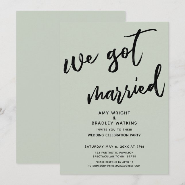 Sage Green Wir Got Verheiratete Hochzeitsempfehlun Einladung (Vorne/Hinten)
