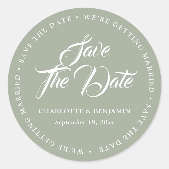 Sage Green Wir werden Save the Date heiraten Runder Aufkleber (Vorderseite)