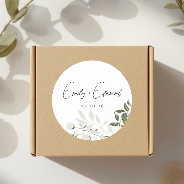 Sage Greenery and White Floral Wedding Envelope Runder Aufkleber (Von Creator hochgeladen)